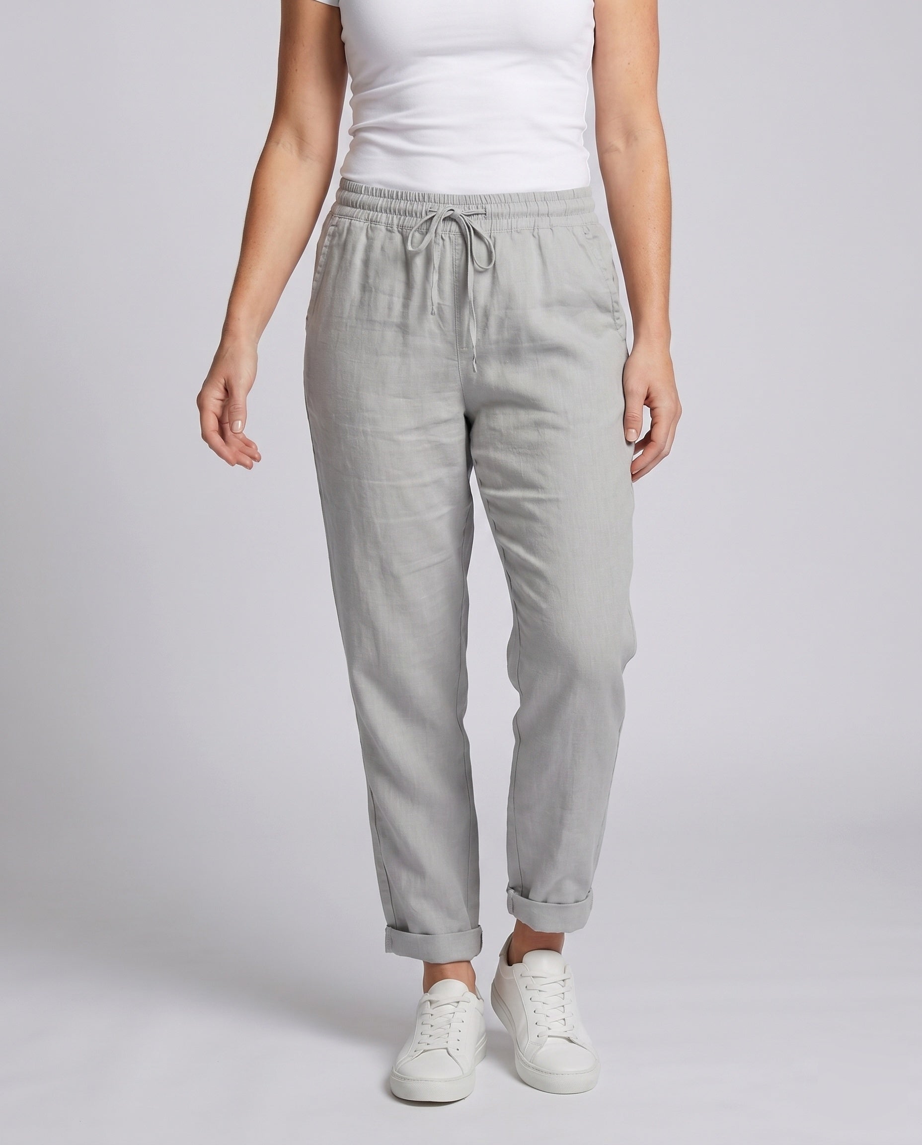 Ladies Casual Linen Trousers with Elastic Waistband and Drawstring - lower body detail