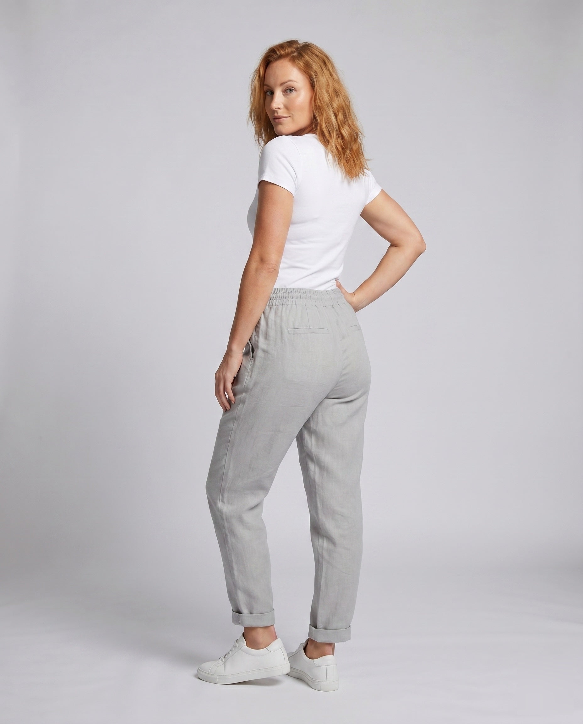 Ladies Casual Linen Trousers with Elastic Waistband and Drawstring - back view