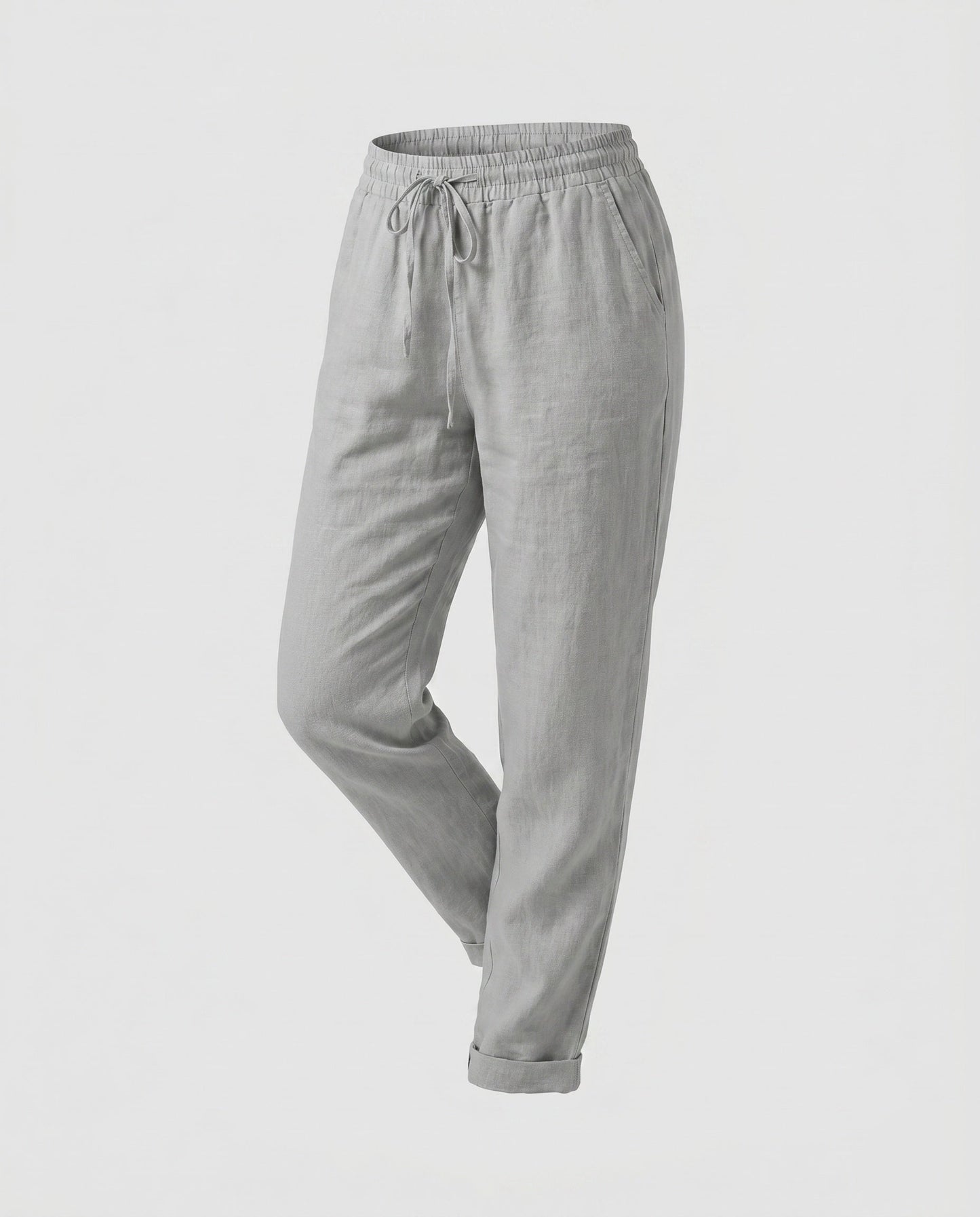 Ladies Casual Linen Trousers with Elastic Waistband and Drawstring - Grey colorway