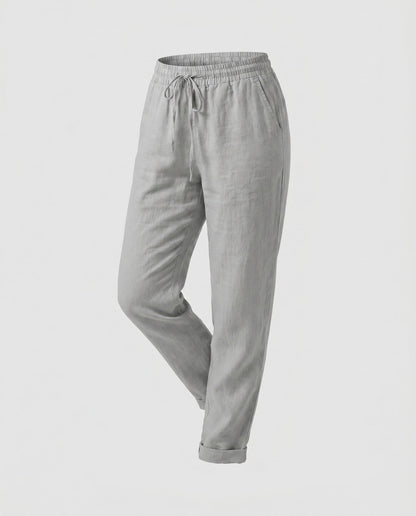 Ladies Casual Linen Trousers with Elastic Waistband and Drawstring - Grey colorway