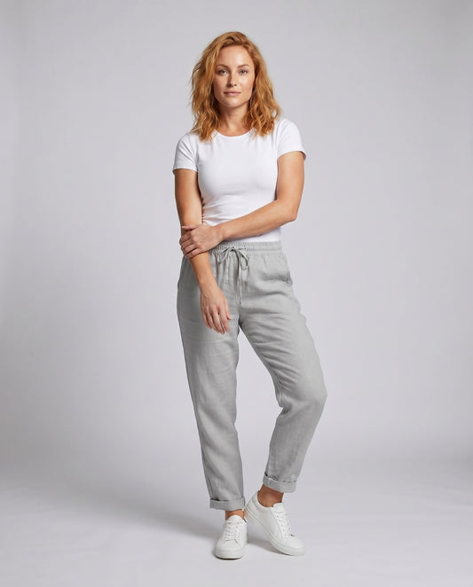 Ladies Casual Linen Trousers with Elastic Waistband and Drawstring - front view