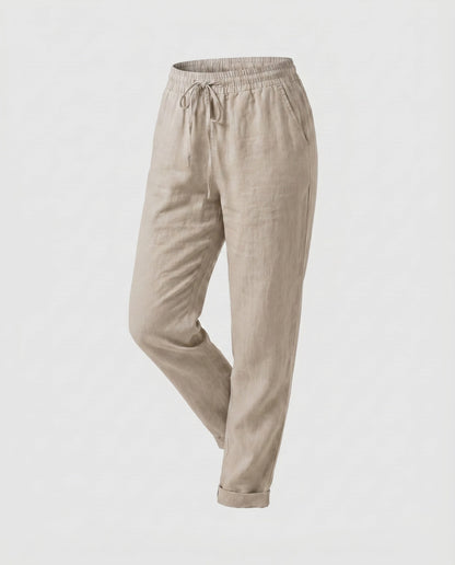 Ladies Casual Linen Trousers with Elastic Waistband and Drawstring - Khaki colorway