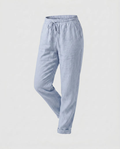 Ladies Casual Linen Trousers with Elastic Waistband and Drawstring - Light Blue colorway