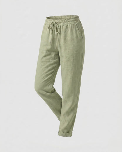 Ladies Casual Linen Trousers with Elastic Waistband and Drawstring - Light Green colorway