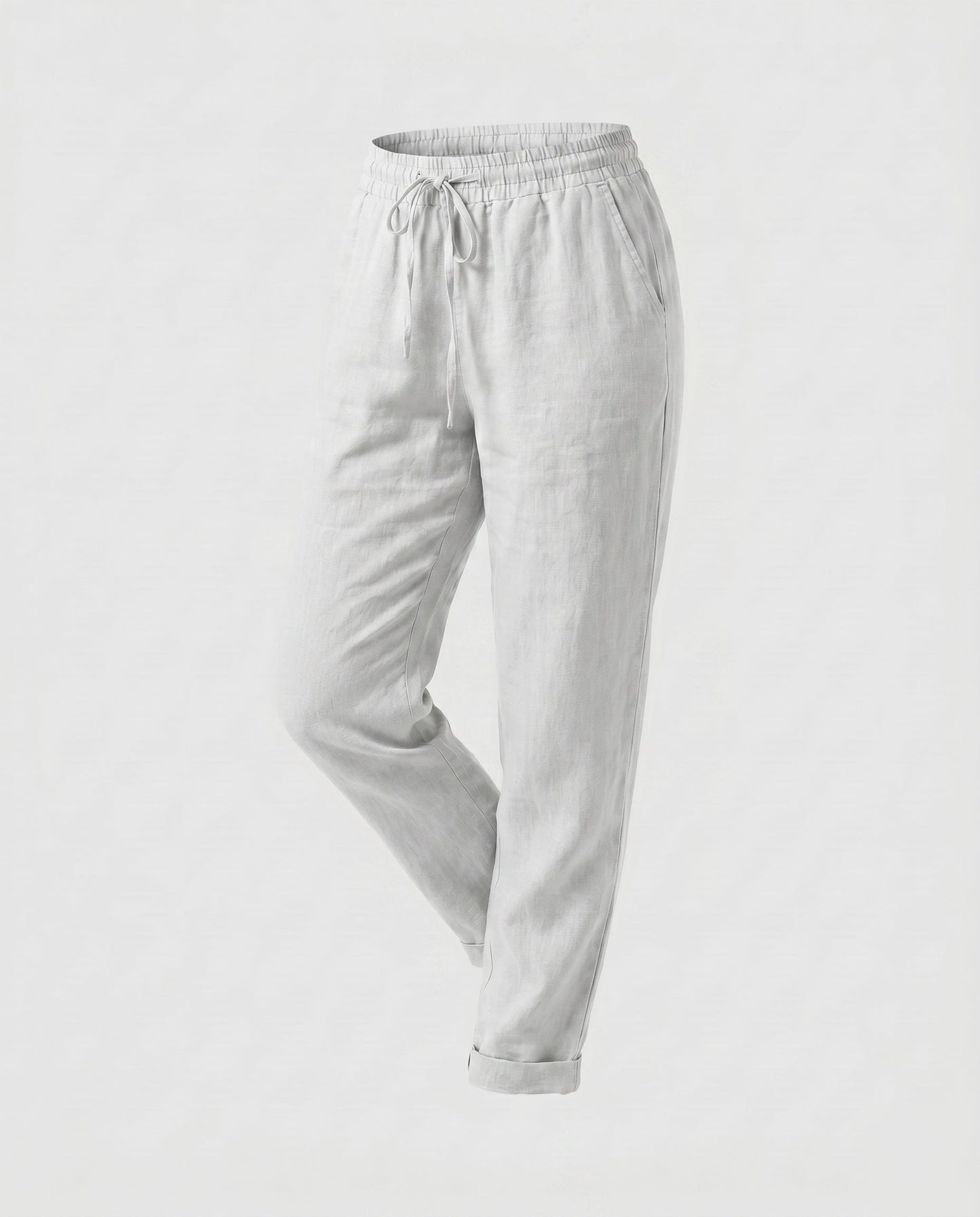 Ladies Casual Linen Trousers with Elastic Waistband and Drawstring - White colorway