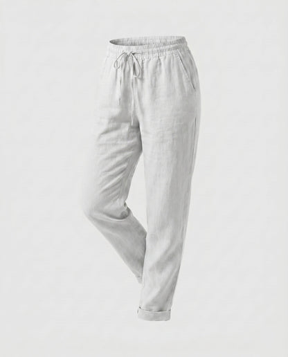 Ladies Casual Linen Trousers with Elastic Waistband and Drawstring - White colorway