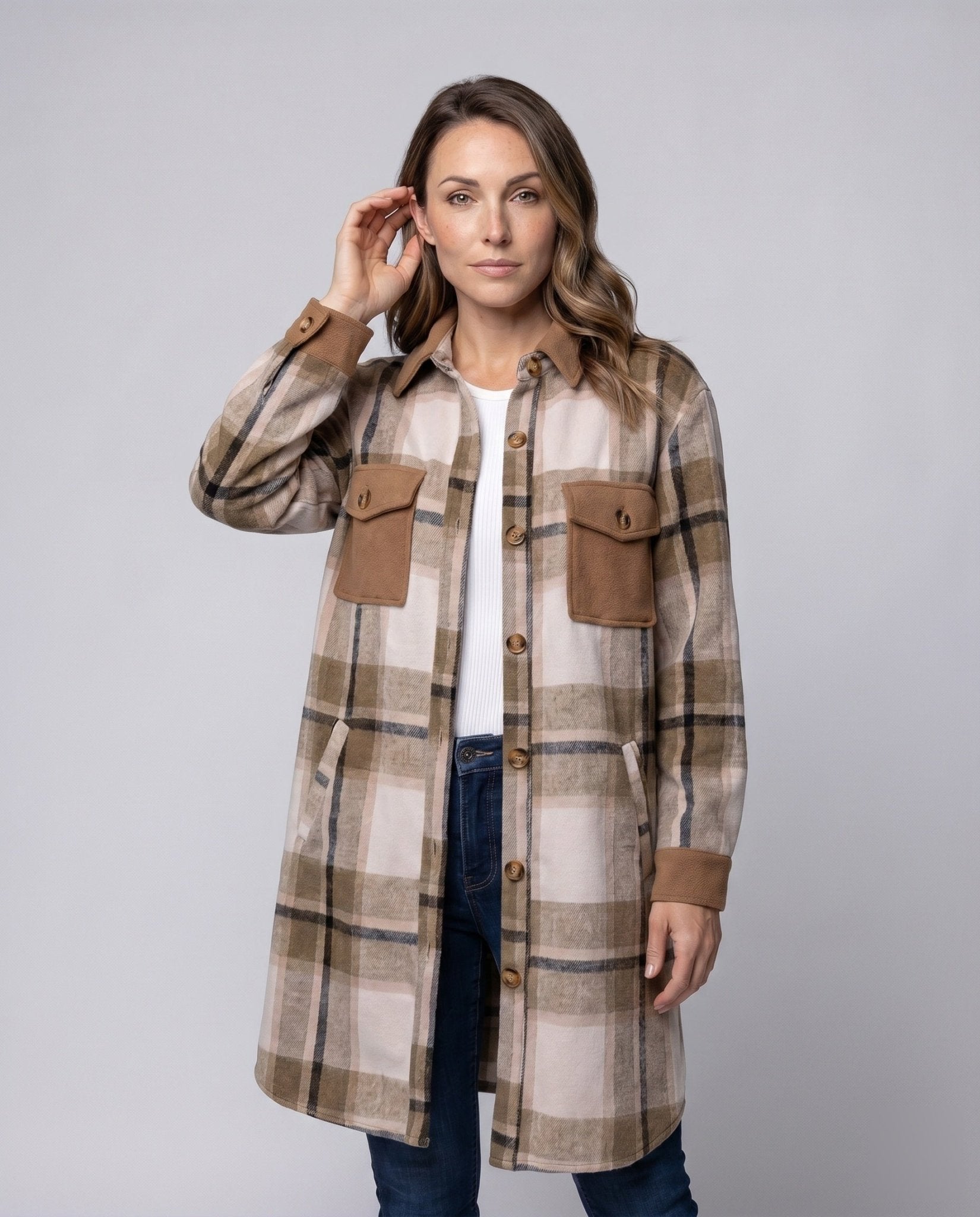 Ladies Checked Flannel Shirt Jacket with Patch Pockets - Chichicherry