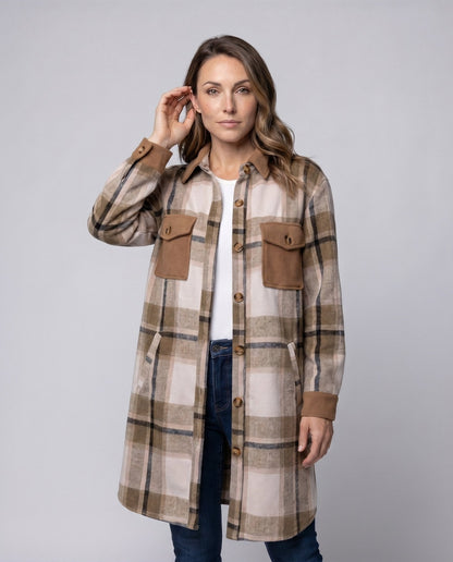 Ladies Checked Flannel Shirt Jacket with Patch Pockets - Chichicherry