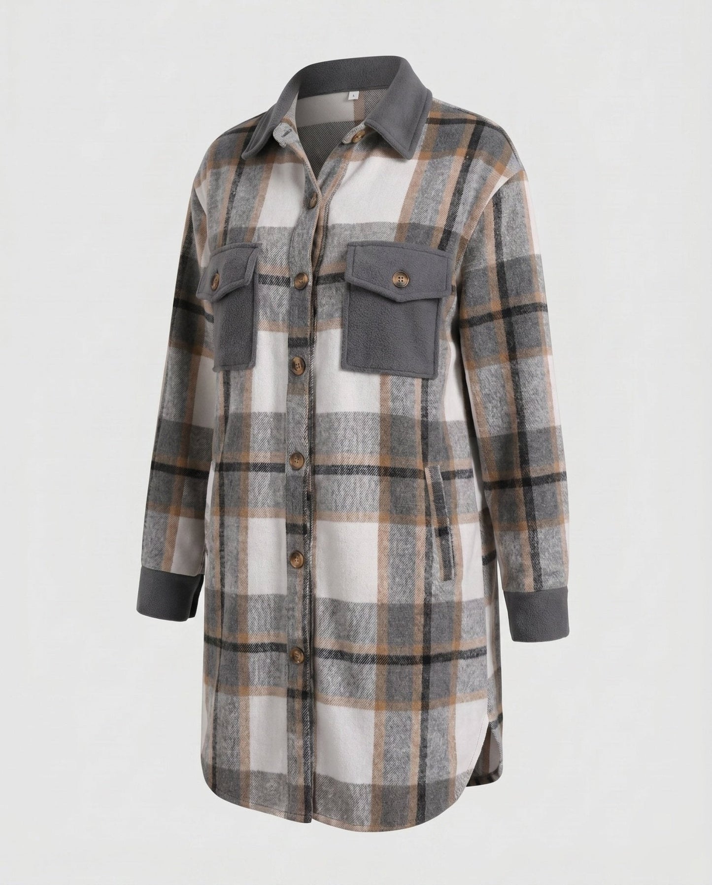 Ladies Checked Flannel Shirt Jacket with Patch Pockets - Chichicherry