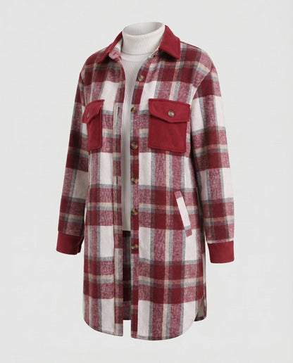 Ladies Checked Flannel Shirt Jacket with Patch Pockets - Chichicherry