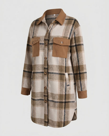 Ladies Checked Flannel Shirt Jacket with Patch Pockets - Chichicherry