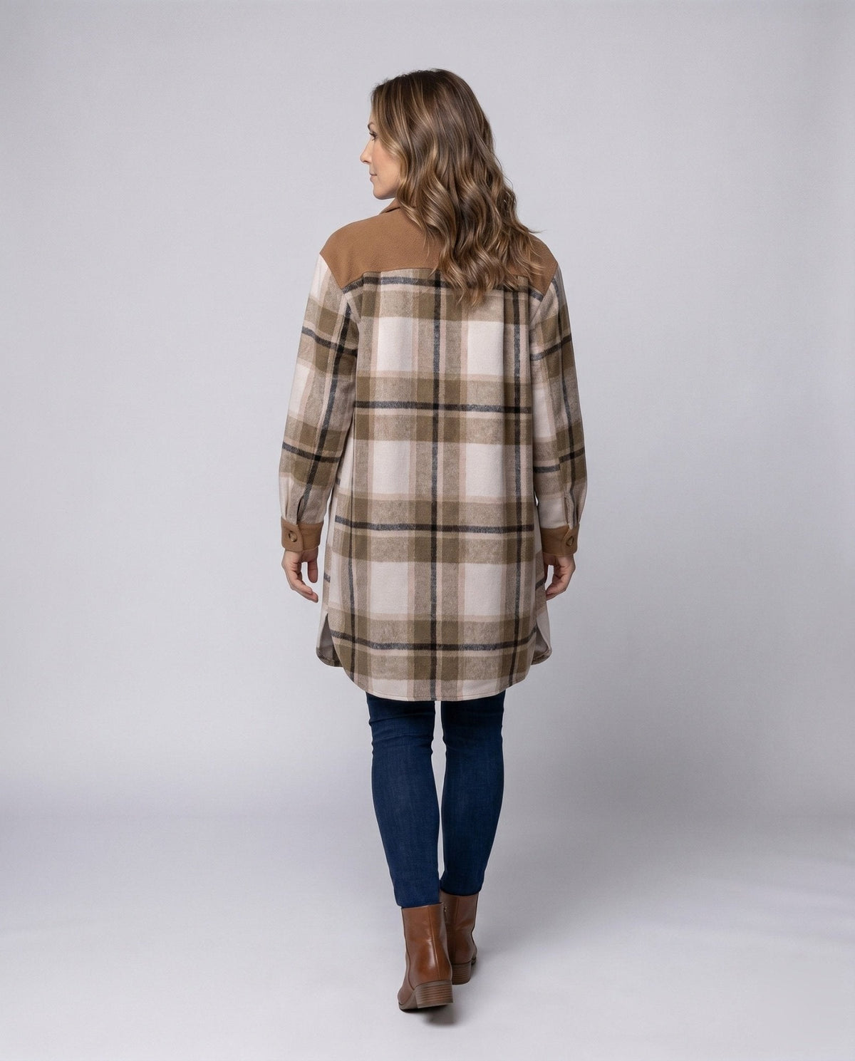 Ladies Checked Flannel Shirt Jacket with Patch Pockets - Chichicherry