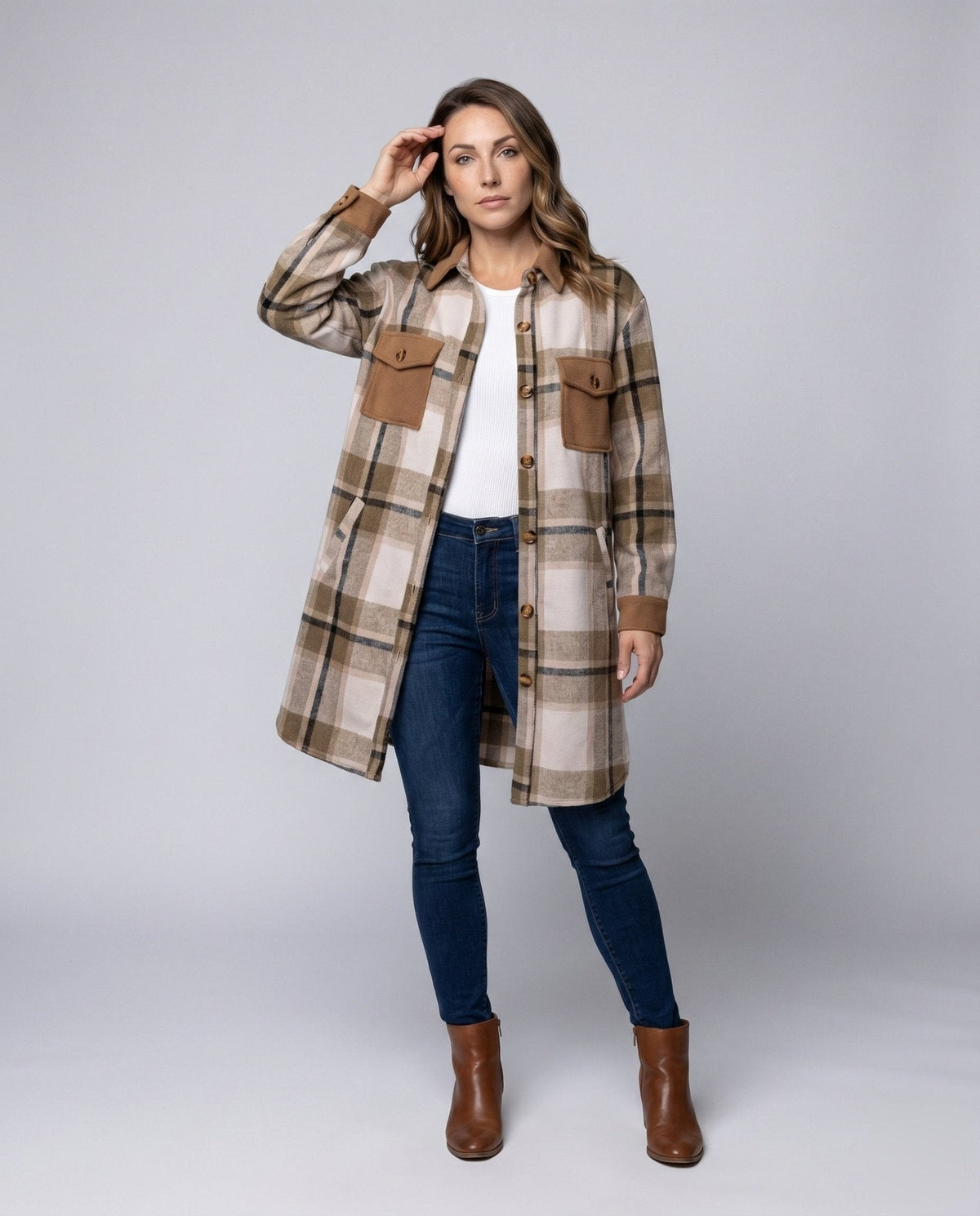 Ladies Checked Flannel Shirt Jacket with Patch Pockets - Chichicherry