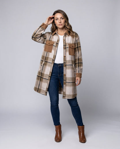 Ladies Checked Flannel Shirt Jacket with Patch Pockets - Chichicherry