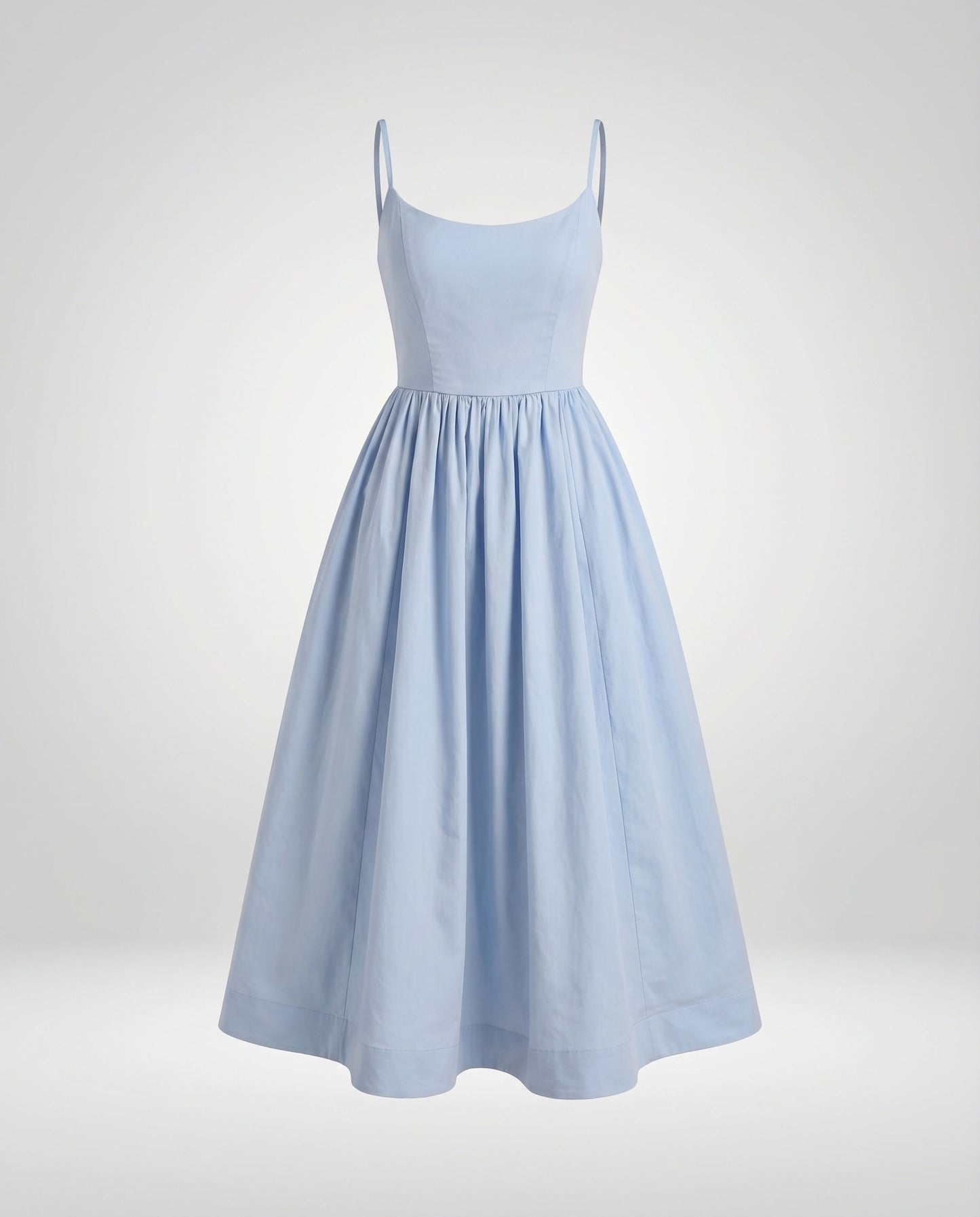 Ladies Cotton Midi Dress Spaghetti Straps Flared Skirt Tailored - Blue colorway