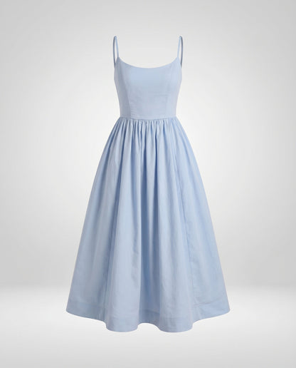 Ladies Cotton Midi Dress Spaghetti Straps Flared Skirt Tailored - Blue colorway