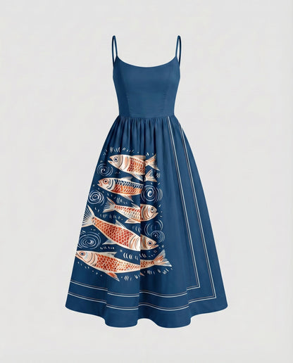 Ladies Cotton Midi Dress Spaghetti Straps Flared Skirt Tailored - Dark Blue colorway