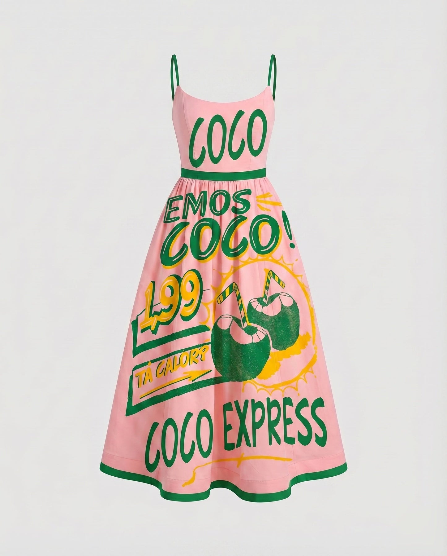 Ladies Cotton Midi Dress Spaghetti Straps Flared Skirt Tailored - Green colorway