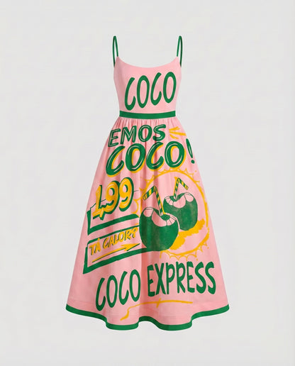 Ladies Cotton Midi Dress Spaghetti Straps Flared Skirt Tailored - Green colorway