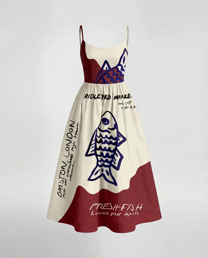 Ladies Cotton Midi Dress Spaghetti Straps Flared Skirt Tailored - Multicolor colorway