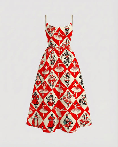 Ladies Cotton Midi Dress Spaghetti Straps Flared Skirt Tailored - Orange colorway