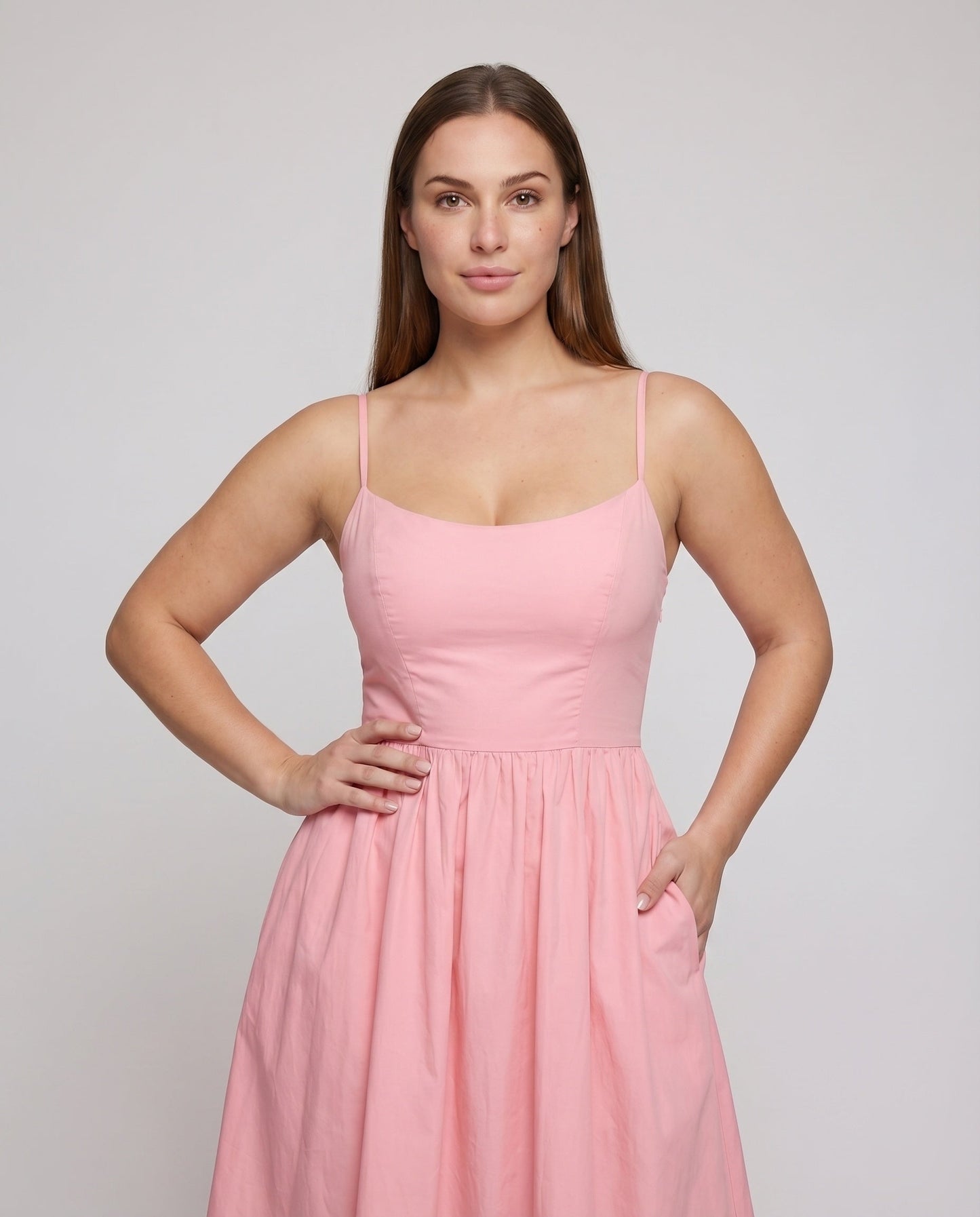 Ladies Cotton Midi Dress Spaghetti Straps Flared Skirt Tailored - upper body detail
