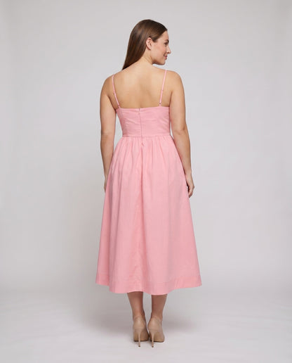 Ladies Cotton Midi Dress Spaghetti Straps Flared Skirt Tailored - back view