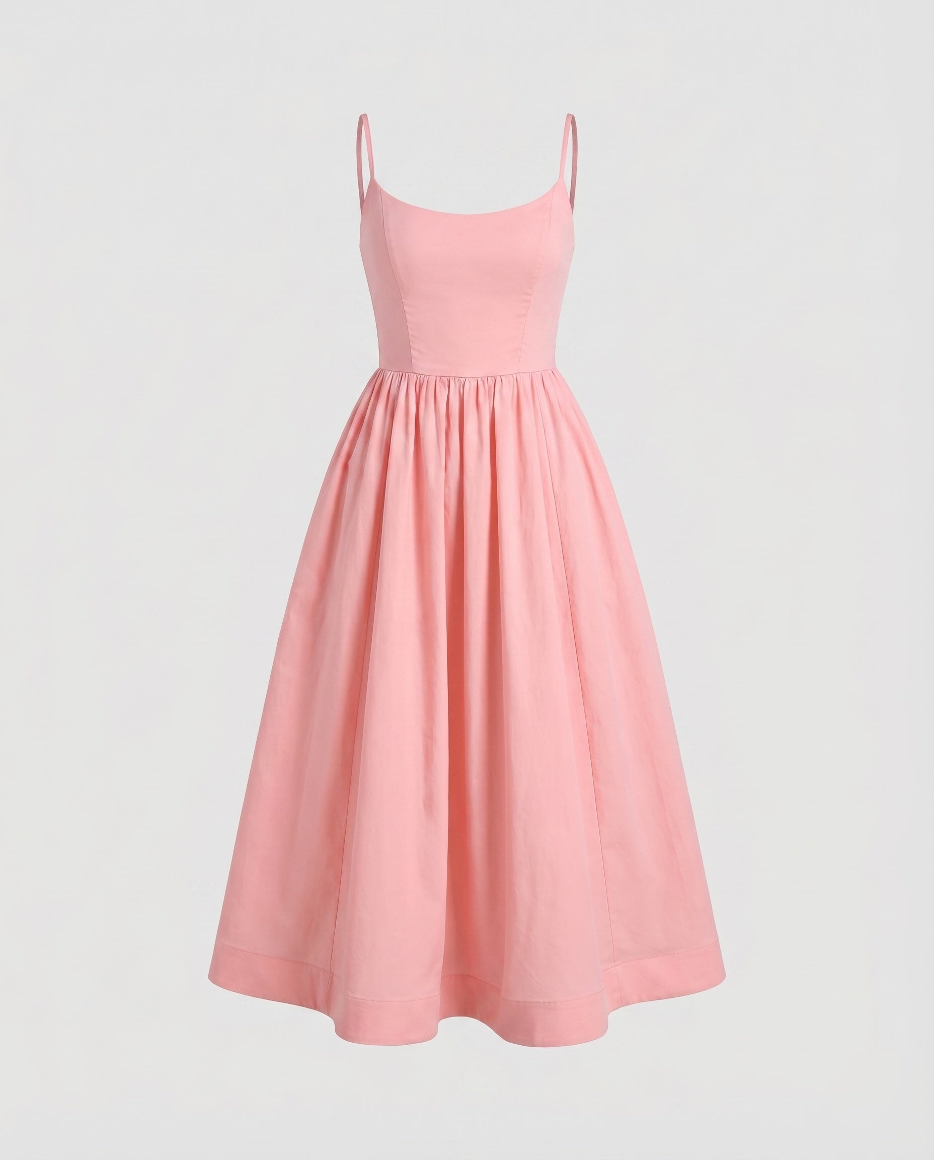 Ladies Cotton Midi Dress Spaghetti Straps Flared Skirt Tailored - Pink colorway