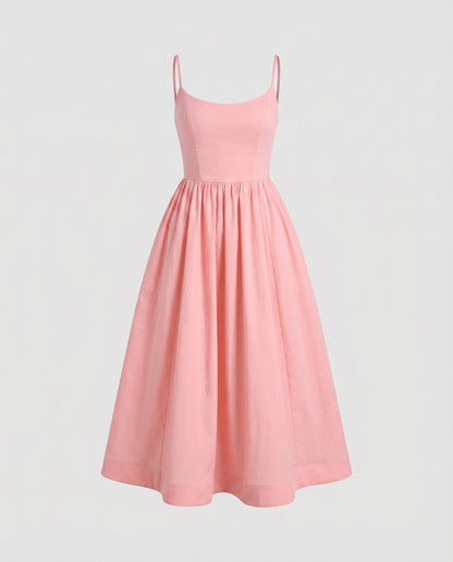 Ladies Cotton Midi Dress Spaghetti Straps Flared Skirt Tailored - Pink colorway