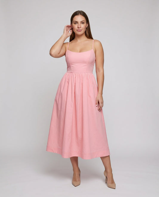 Ladies Cotton Midi Dress Spaghetti Straps Flared Skirt Tailored - front view