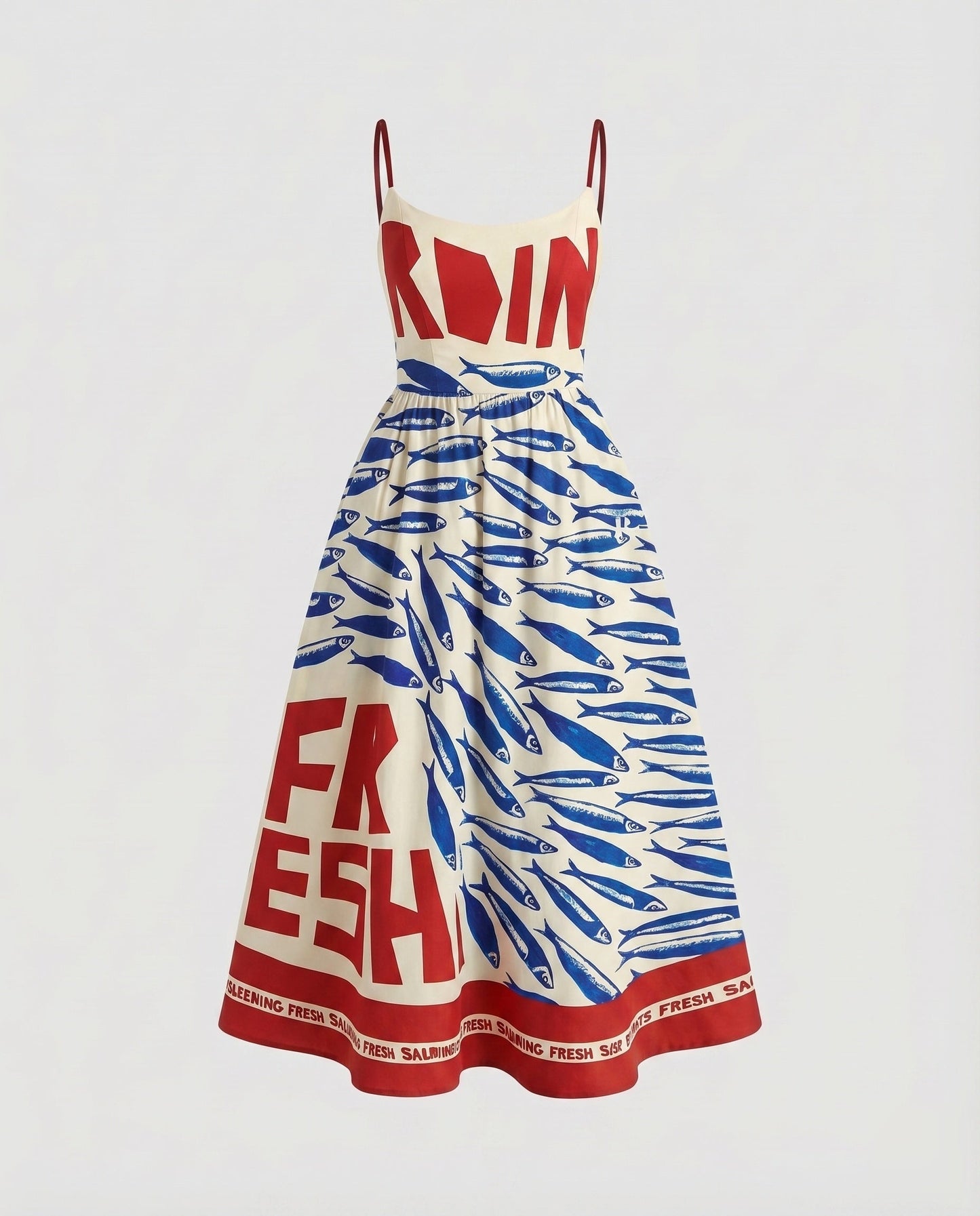 Ladies Cotton Midi Dress Spaghetti Straps Flared Skirt Tailored - Red colorway