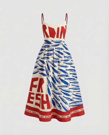 Ladies Cotton Midi Dress Spaghetti Straps Flared Skirt Tailored - Red colorway