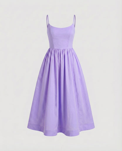 Ladies Cotton Midi Dress Spaghetti Straps Flared Skirt Tailored - Violet colorway
