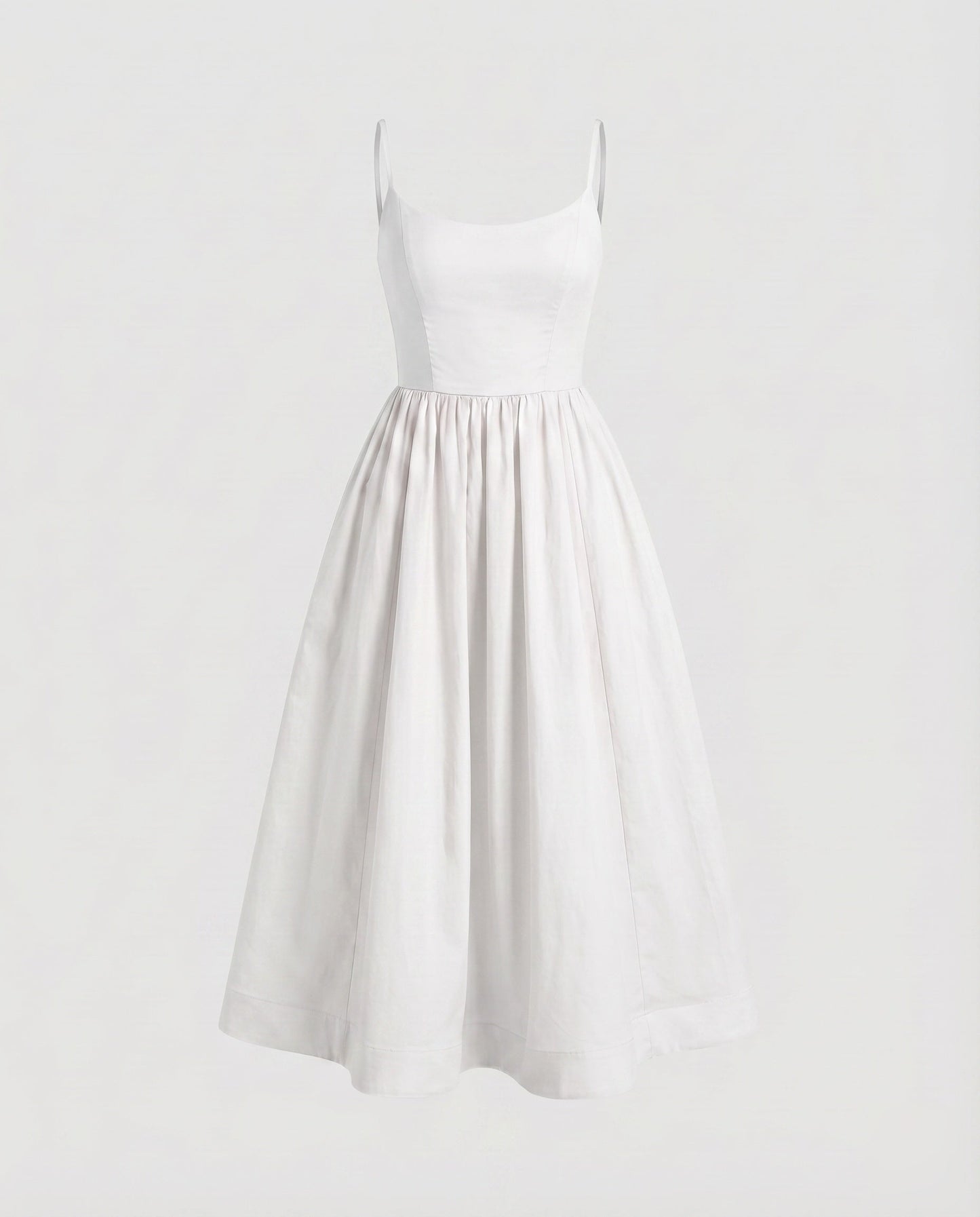 Ladies Cotton Midi Dress Spaghetti Straps Flared Skirt Tailored - White colorway