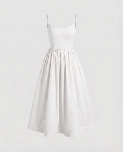 Ladies Cotton Midi Dress Spaghetti Straps Flared Skirt Tailored - White colorway