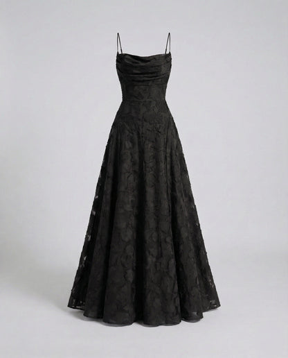 Ladies Elegant Evening Dress with Waterfall Neckline - Black colorway