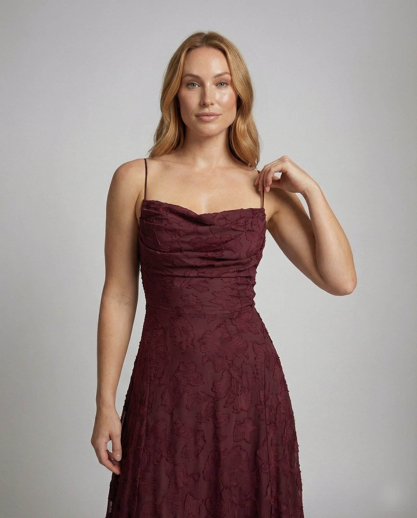 Ladies Elegant Evening Dress with Waterfall Neckline - upper body detail