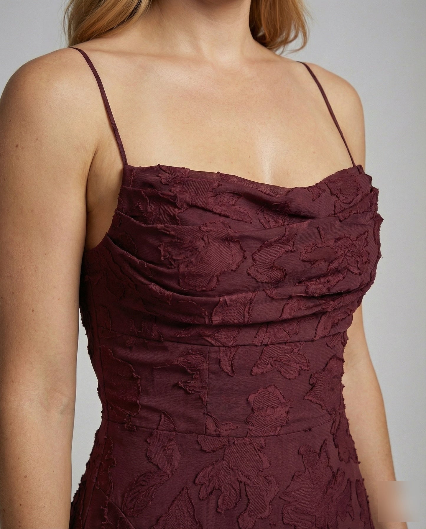 Ladies Elegant Evening Dress with Waterfall Neckline - close-up detail