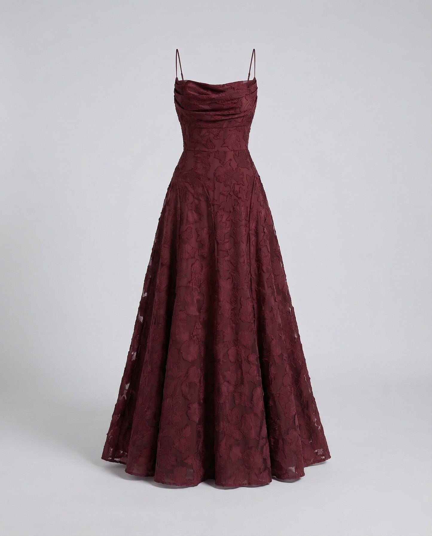 Ladies Elegant Evening Dress with Waterfall Neckline - Bordeaux colorway
