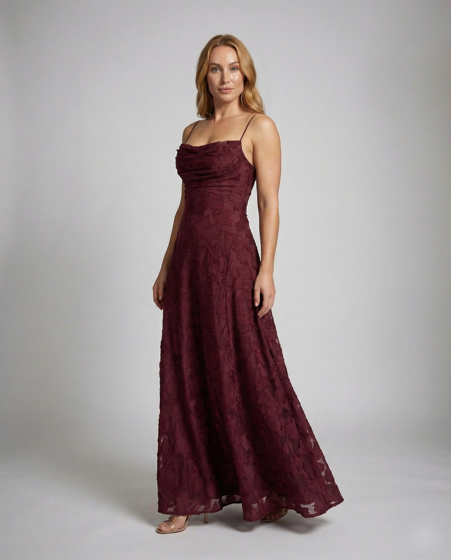 Ladies Elegant Evening Dress with Waterfall Neckline - front view