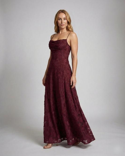 Ladies Elegant Evening Dress with Waterfall Neckline - front view