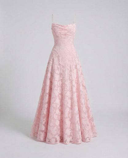 Ladies Elegant Evening Dress with Waterfall Neckline - Pink colorway