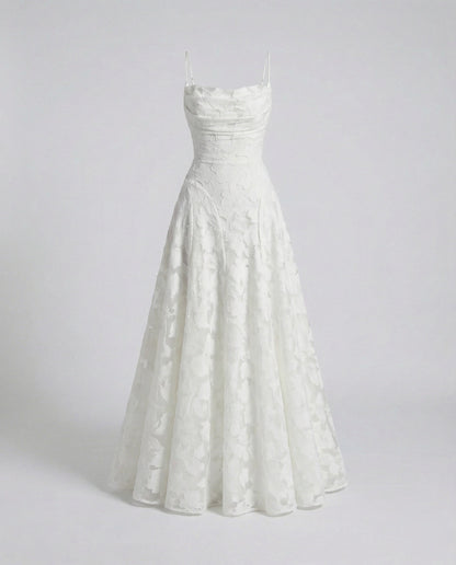 Ladies Elegant Evening Dress with Waterfall Neckline - White colorway