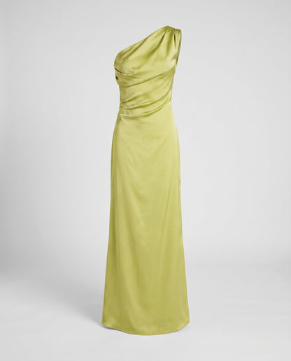 Ladies Elegant Maxi Dress with Asymmetrical Strap and Flowing Satin Finish - Green colorway