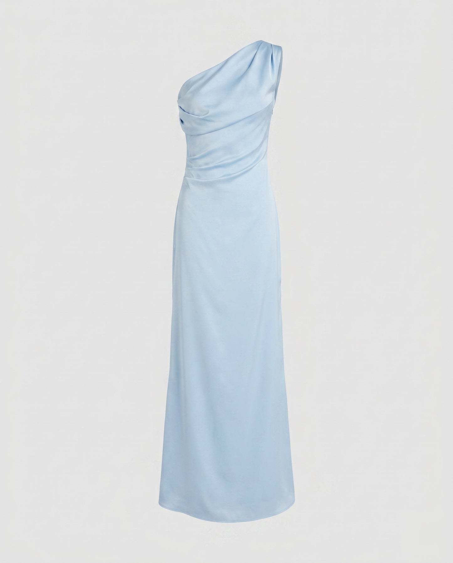 Ladies Elegant Maxi Dress with Asymmetrical Strap and Flowing Satin Finish - Light Blue colorway