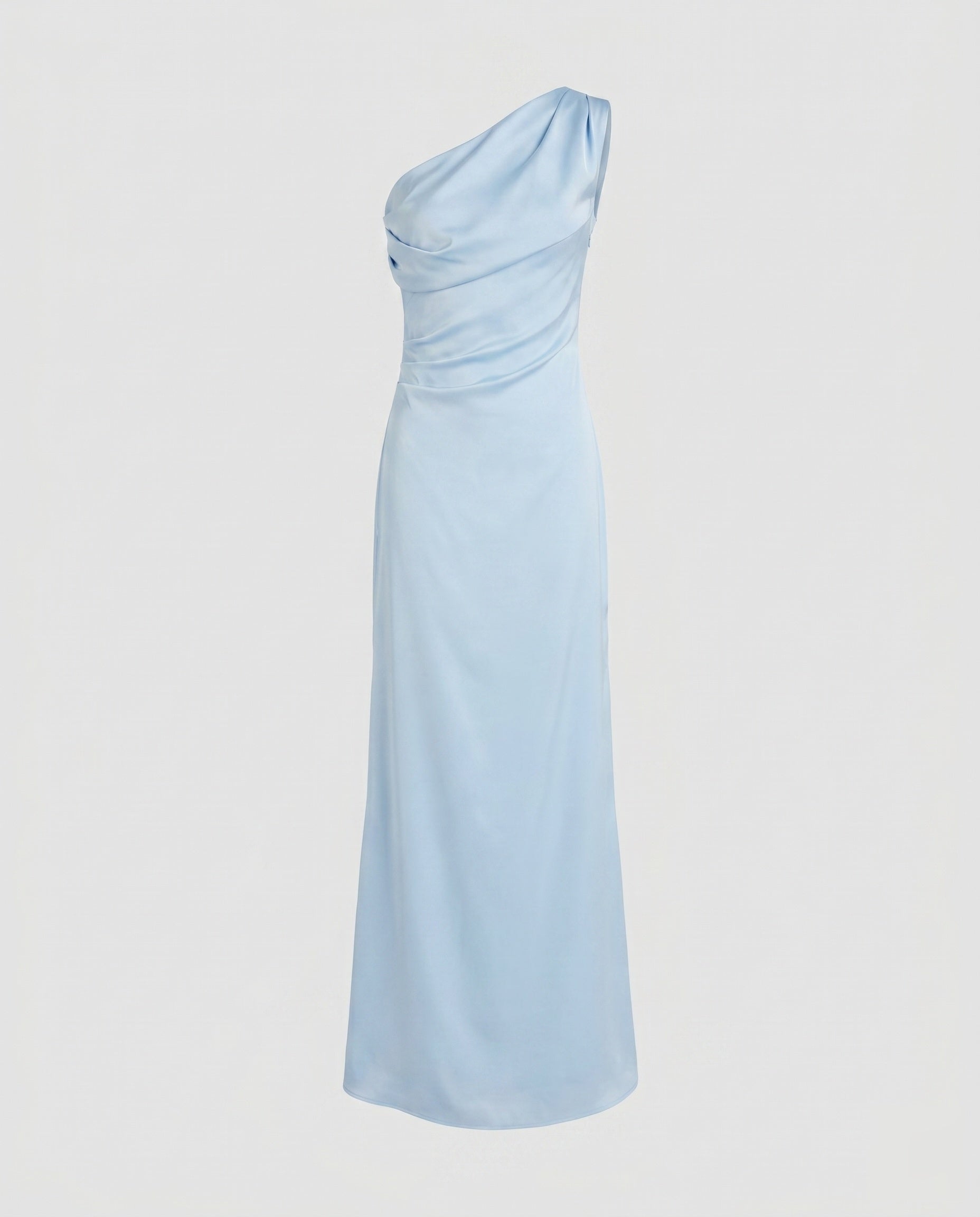 Ladies Elegant Maxi Dress with Asymmetrical Strap and Flowing Satin Finish - Light Blue colorway