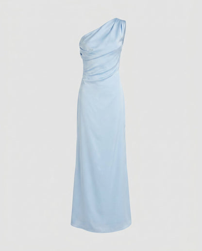 Ladies Elegant Maxi Dress with Asymmetrical Strap and Flowing Satin Finish - Light Blue colorway