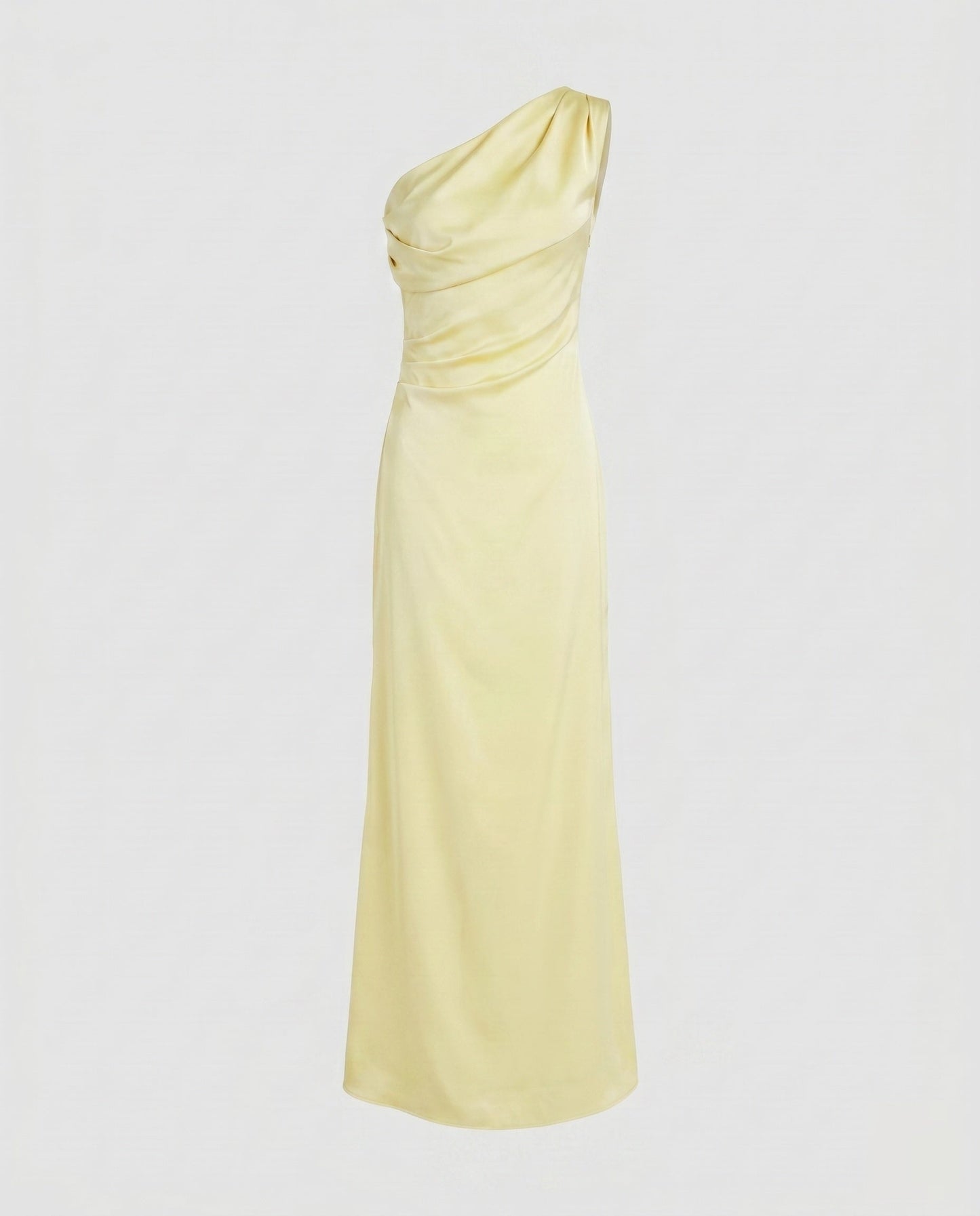 Ladies Elegant Maxi Dress with Asymmetrical Strap and Flowing Satin Finish - Light Yellow colorway