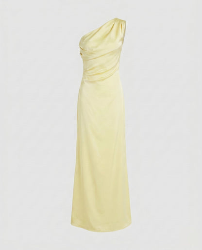 Ladies Elegant Maxi Dress with Asymmetrical Strap and Flowing Satin Finish - Light Yellow colorway
