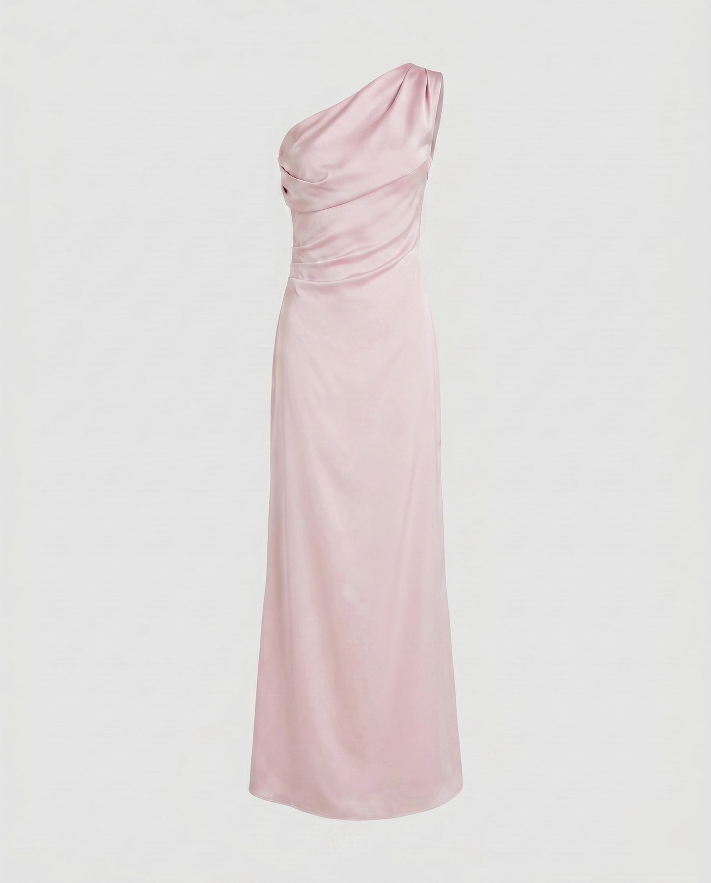 Ladies Elegant Maxi Dress with Asymmetrical Strap and Flowing Satin Finish - Pink colorway